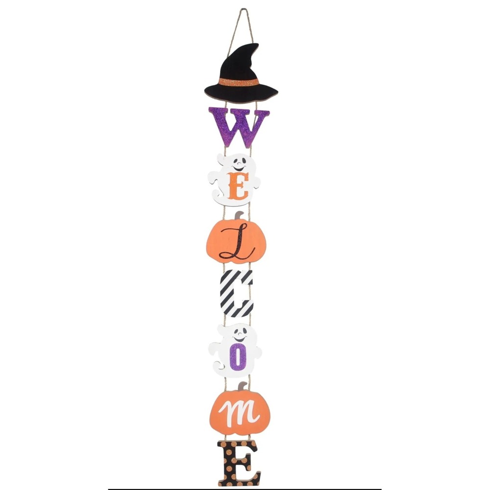 Halloween Welcome Wooden Hanging Sign Witch Hat Ghost Pumpkin Vertical Decor